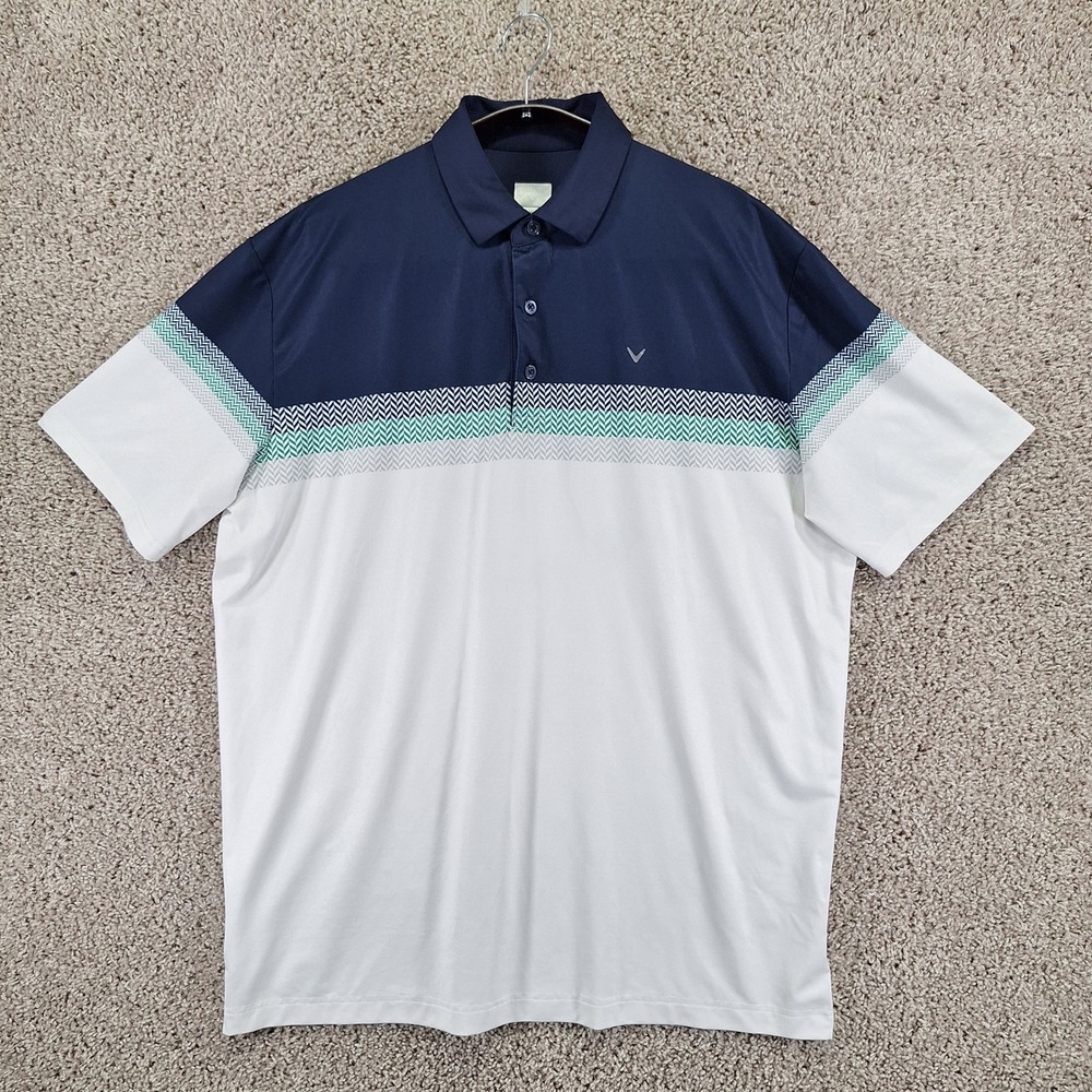 Callaway Polo Mens Large White Opti-Dri Chevron Stripe Golf Athleisure
